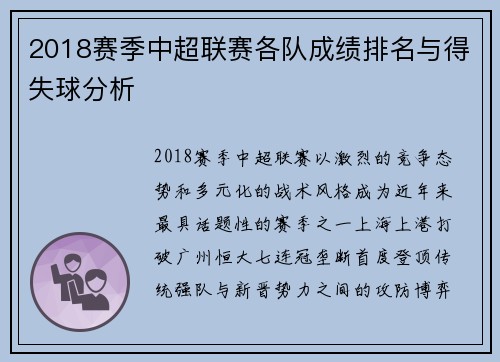 2018赛季中超联赛各队成绩排名与得失球分析