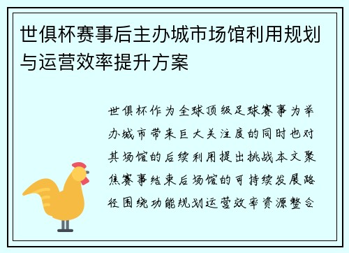 世俱杯赛事后主办城市场馆利用规划与运营效率提升方案
